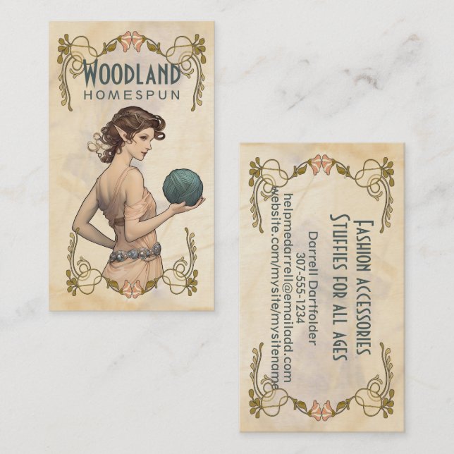 Crochet knitting handspun yarn fairy elf girl business card (Front/Back)
