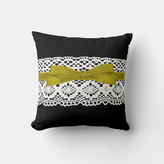 crochet lace effect yellow ribbon damask throw pillow (Front)