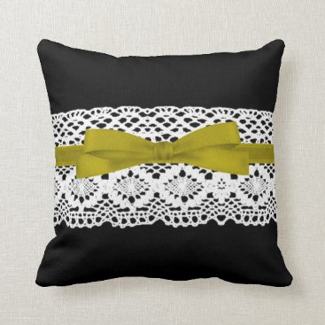 crochet lace effect yellow ribbon damask throw pillow