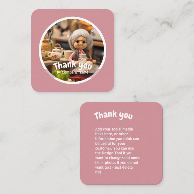 Crochet lady kitchen pink Thank you Square Business Card (Front/Back)