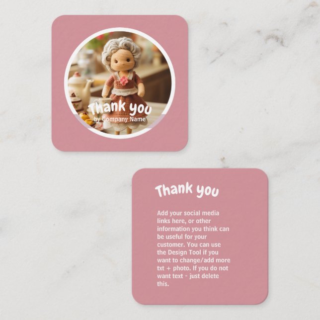Crochet lady kitchen pink Thank you Square Business Card (Front/Back)