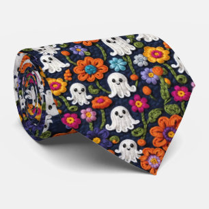 Crochet Look Halloween Ghosts and Orange Floral Neck Tie