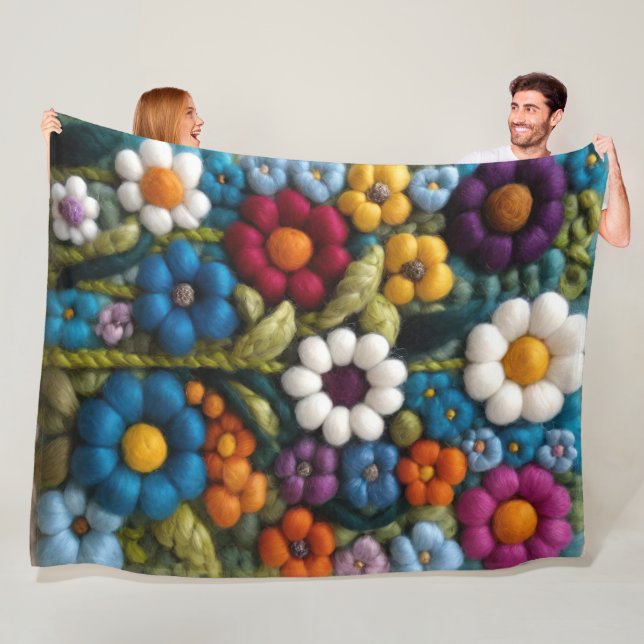 Crochet Look Retro Boho Hippie Wildflowers Fleece Blanket (In Situ)