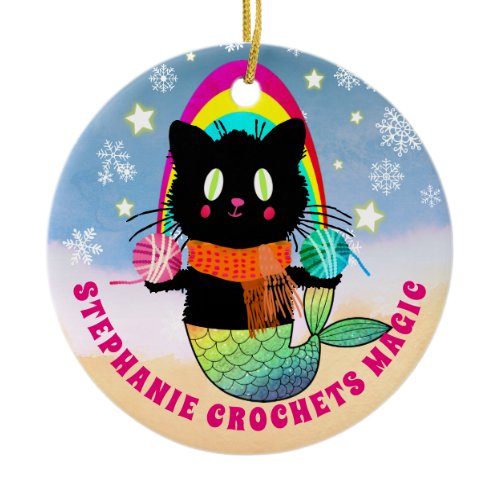 Crochet magic personalized mermaid cat yarn Ceramic Ornament