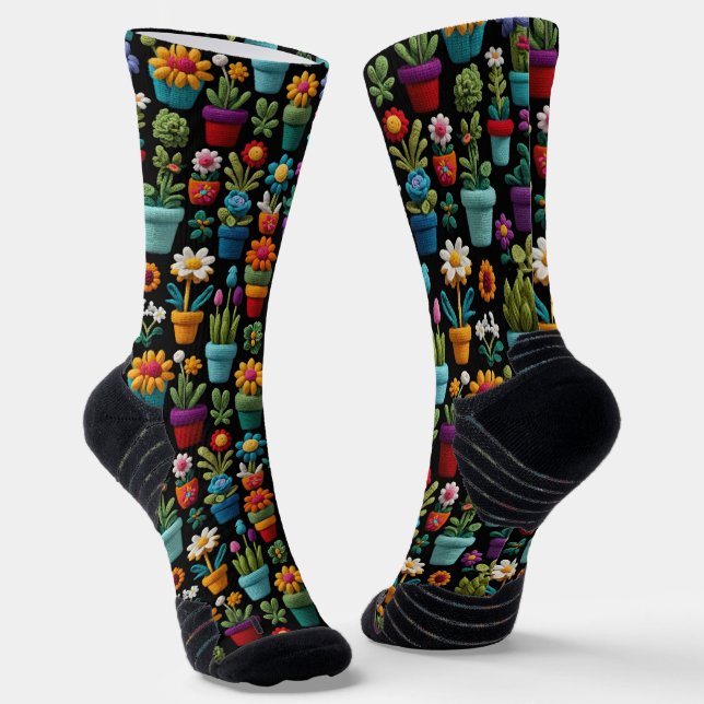 Crochet Plants And Flowers In Multi Colored Pots Socks (Angled)