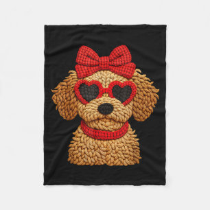 Crochet Puppy Heart Sungles Red Bow Valentines Day Fleece Blanket