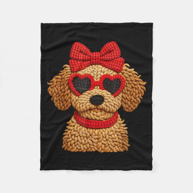Crochet Puppy Heart Sungles Red Bow Valentines Day Fleece Blanket (Front)
