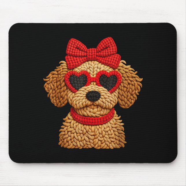 Crochet Puppy Heart Sungles Red Bow Valentines Day Mouse Pad (Front)