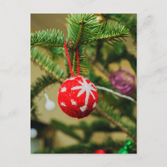 Crochet red Christmas bauble Holiday Postcard (Front)
