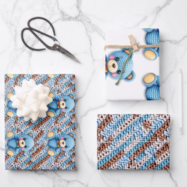Crochet Teddy Bear Baby Shower Wrapping Paper Sheets (Front)