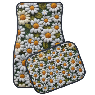 Crochet White Daisies Spring Wildflowers Car Floor Mat