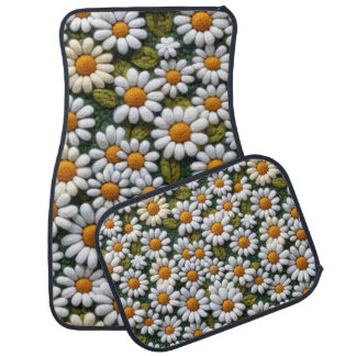 Crochet White Daisies Spring Wildflowers Car Floor Mat