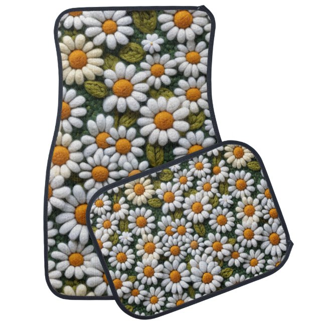 Crochet White Daisies Spring Wildflowers Car Floor Mat (Set)