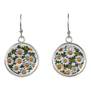Crochet White Daisies Spring Wildflowers Earrings