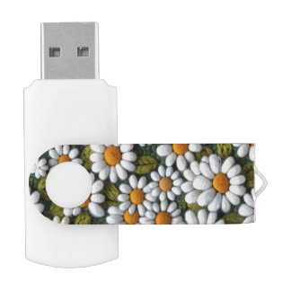 Crochet White Daisies Spring Wildflowers Flash Drive