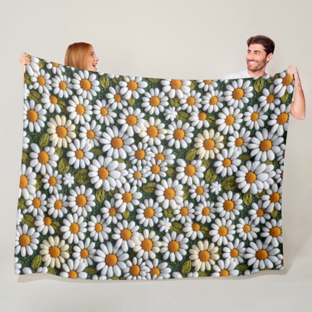 Crochet White Daisies Spring Wildflowers Fleece Blanket (In Situ)