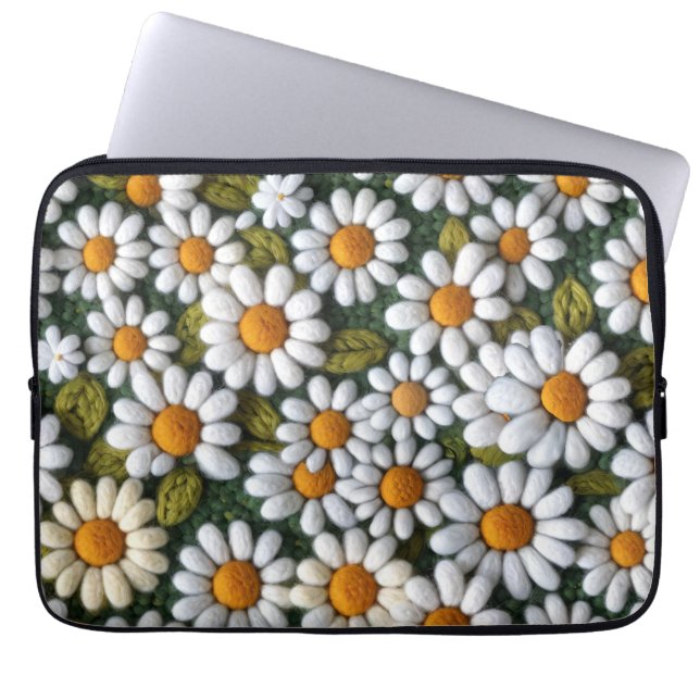 Crochet White Daisies Spring Wildflowers Laptop Sleeve (Front)