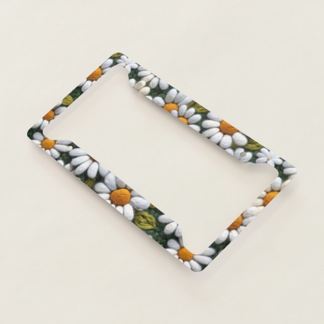 Crochet White Daisies Spring Wildflowers License Plate Frame (3/4)