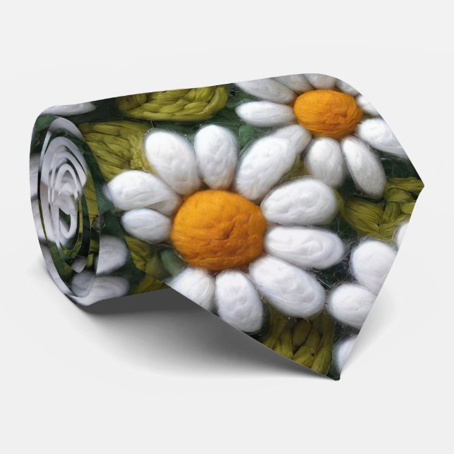 Crochet White Daisies Spring Wildflowers Neck Tie (Rolled)