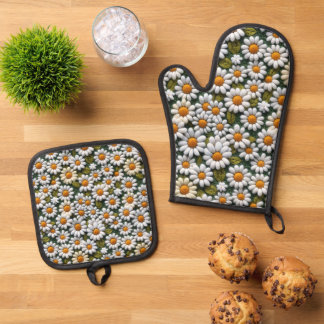 Crochet White Daisies Spring Wildflowers Oven Mitt & Pot Holder Set