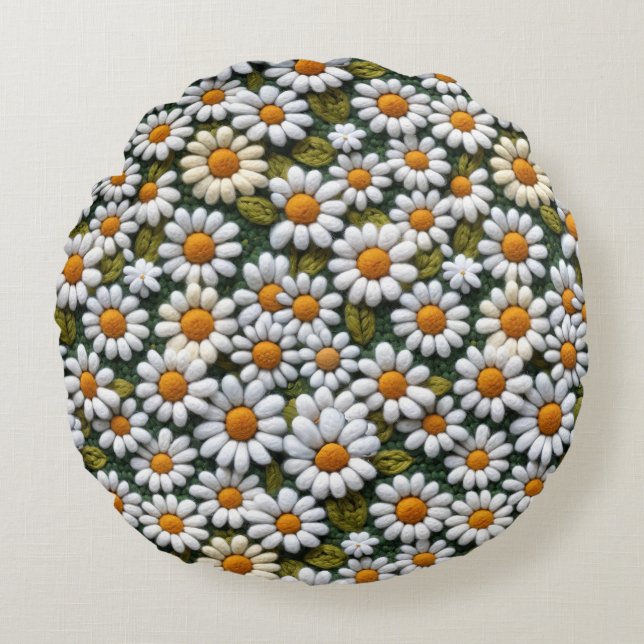 Crochet White Daisies Spring Wildflowers Round Pillow (Front)