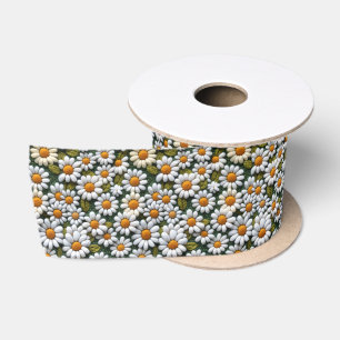 Crochet White Daisies Spring Wildflowers Satin Ribbon