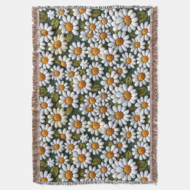 Crochet White Daisies Spring Wildflowers Throw Blanket (Front Vertical)