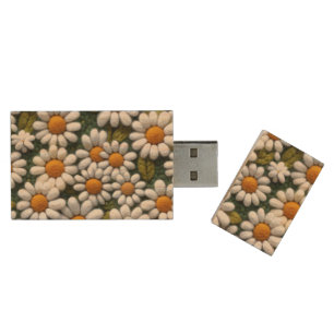 Crochet White Daisies Spring Wildflowers Wood Flash Drive