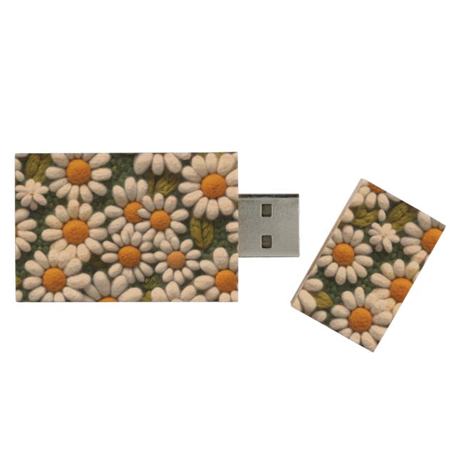 Crochet White Daisies Spring Wildflowers Wood Flash Drive (Opened)