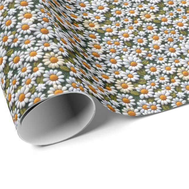 Crochet White Daisies Spring Wildflowers Wrapping Paper (Roll Corner)