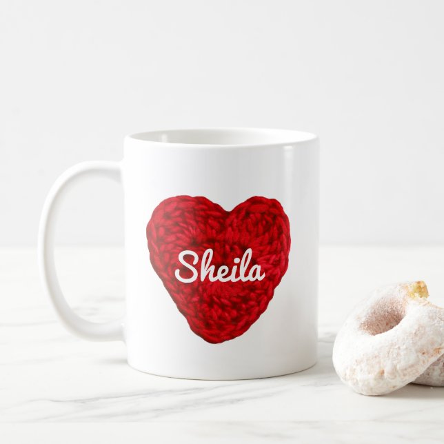 Crochet Yarn Heart + Name Red Coffee Mug (With Donut)