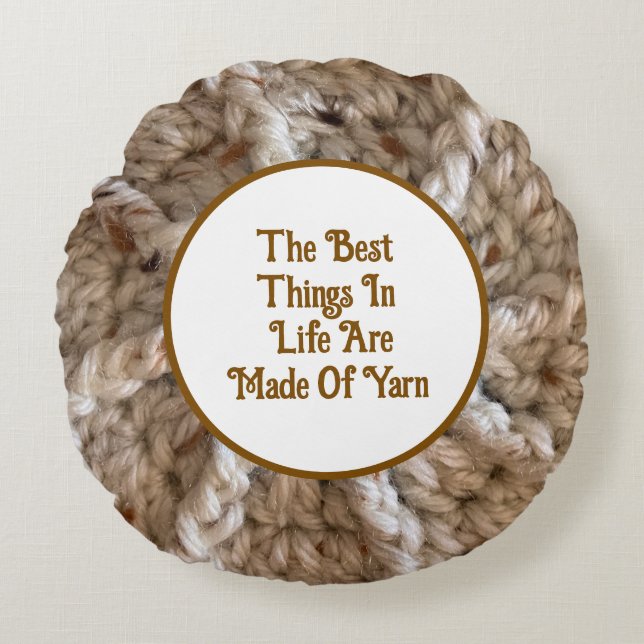 Crochet Yarn Quote Blue Brown Handmade Craft Round Pillow (Front)