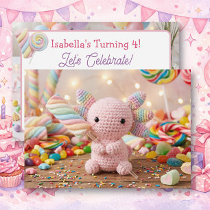 Crocheted Axolotl Pastel Candy Birthday Invitation