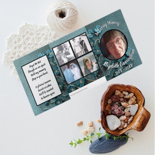 Crocheted Forget Me Not Flowers Photo Memorial  Tri_Fold Announcement