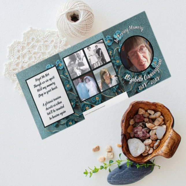 Crocheted Forget Me Not Flowers Photo Memorial  Tri-Fold Announcement (Creator Uploaded)