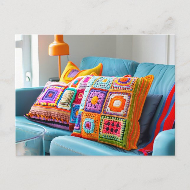Crocheted Granny Square Pillows Lying on a Sofa Postcard (Front)