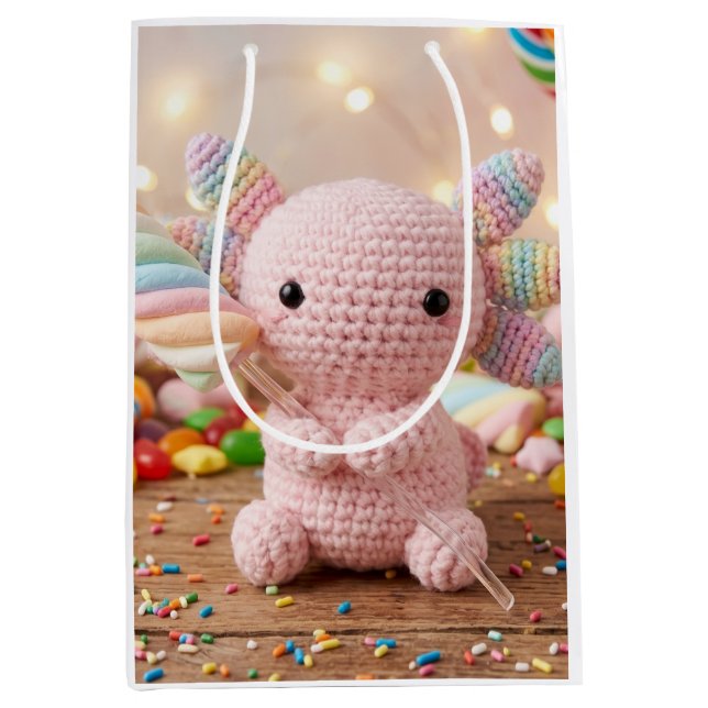 Crocheted Pink Axolotl Pastel Candy Birthday Medium Gift Bag (Front)