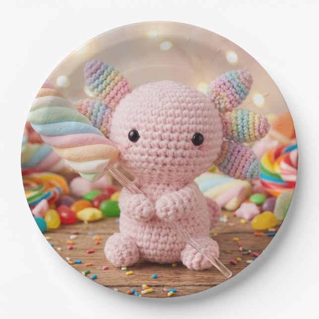 Crocheted Pink Axolotl Pastel Candy  Paper Plates (Front)