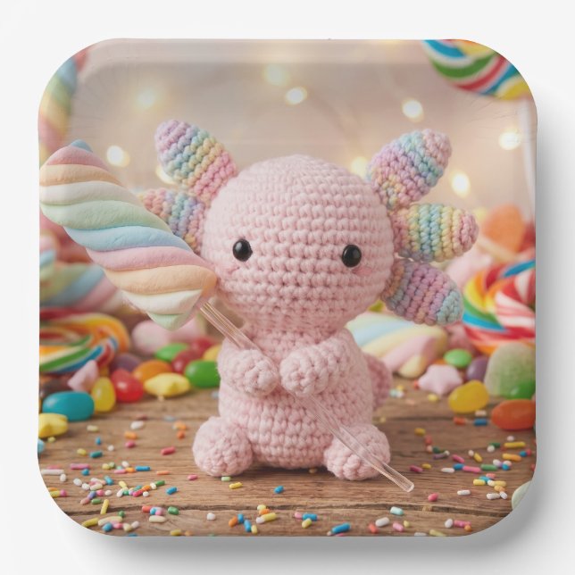 Crocheted Pink Axolotl Pastel Candy  Paper Plates (Front)