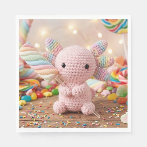 Crocheted Pink Axolotl Pastel Candy  Paper Plates Napkins