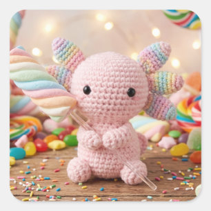 Crocheted Pink Axolotl Pastel Candy  Square Sticker