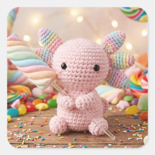 Crocheted Pink Axolotl Pastel Candy  Square Sticker