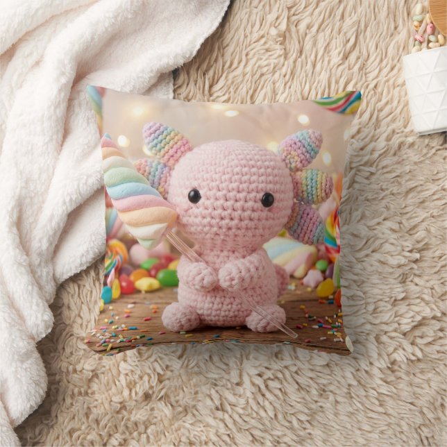 Crocheted Pink Axolotl Pastel Candy  Throw Pillow (Blanket)