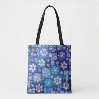 Crocheted Snowflakes Blue Digital Patchwork Tote Bag