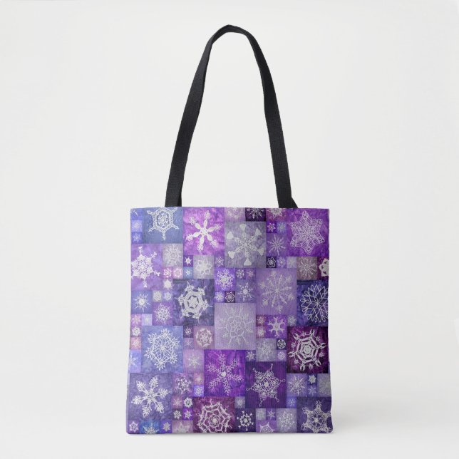 Crocheted Snowflakes Purple Digital Patchwork Tote Bag (Front)
