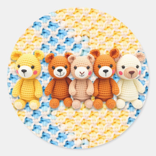 Crocheted Stuffed Animals Blue and Yellow Classic Round Sticker (Front)
