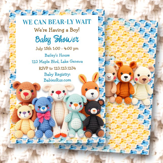Crocheted Stuffed Animals Boy's Baby Shower Invitation (Creator Uploaded)