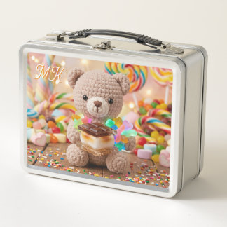 Crocheted Teddy Bear with S'more Personalized Metal Lunch Box