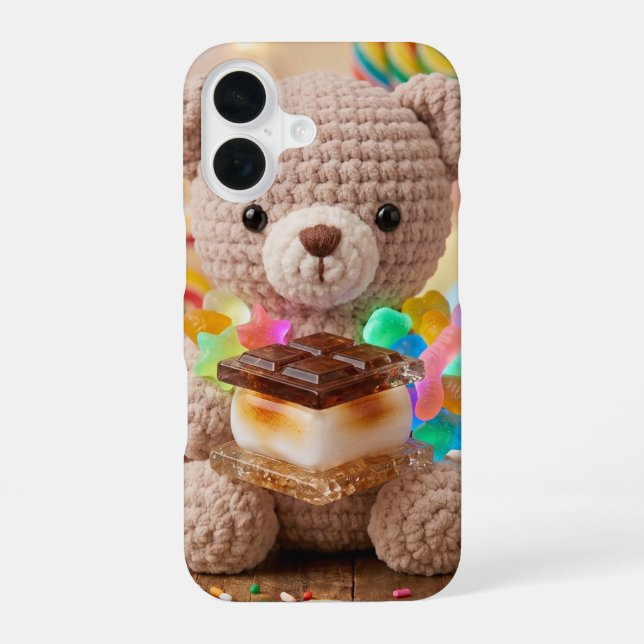 Crocheted Teddy Bear with S'more Whimsical iPhone Case (Back)