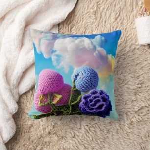 Crocheted Wildflowers In the Clouds Throw Pillow